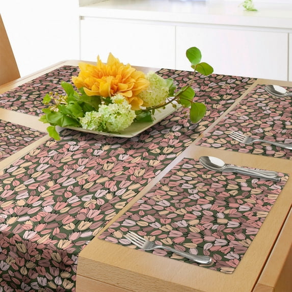 Ambesonne Spring Table Runner & Placemats, Retro Tulips Flowers, Placemat 4 pcs + Runner 14"x72", Cocoa Coral Cream