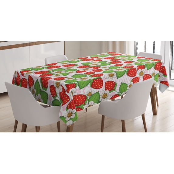 Ambesonne Spring Tablecloth Rectangular Table Cover, Floral Strawberry Scene, 60"x84", Green Red