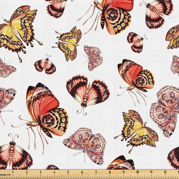 Ambesonne Spring Themed Fabric by the Yard Upholstery, Art Cottagecore Wings, 3 Yards, Champagne Dark Coral