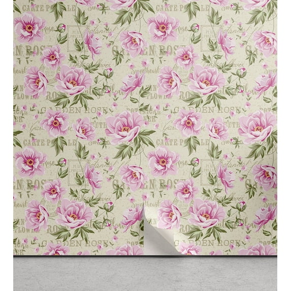 Ambesonne Spring Themed Peel & Stick Wallpaper for Home, Floral Garden Scene, 13"x36", Pale Pink Laurel Green