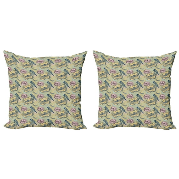 Ambesonne Spring Throw Pillow Cover 2 Pack, Bird Butterfly Flowers, 24", Multicolor