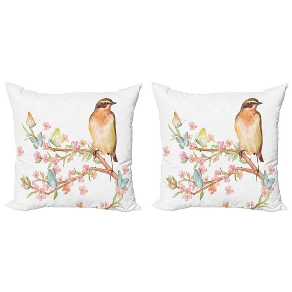 Ambesonne Spring Throw Pillow Cover 2 Pack, Bird on a Blossoming Tree, 24", Multicolor