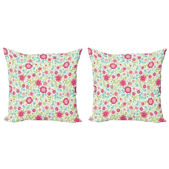 Ambesonne Spring Throw Pillow Cover 2 Pack, Blossoming Field Fern Leaves, 16", Lime Green Turquoise