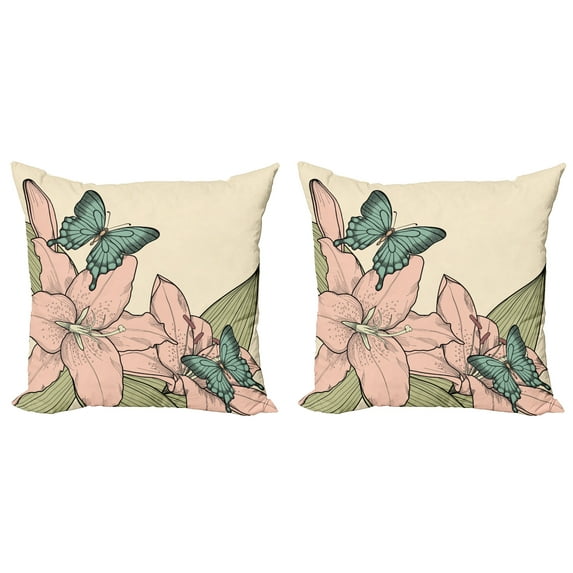 Ambesonne Spring Throw Pillow Cover 2 Pack, Butterflies and Lilies, 18", Multicolor