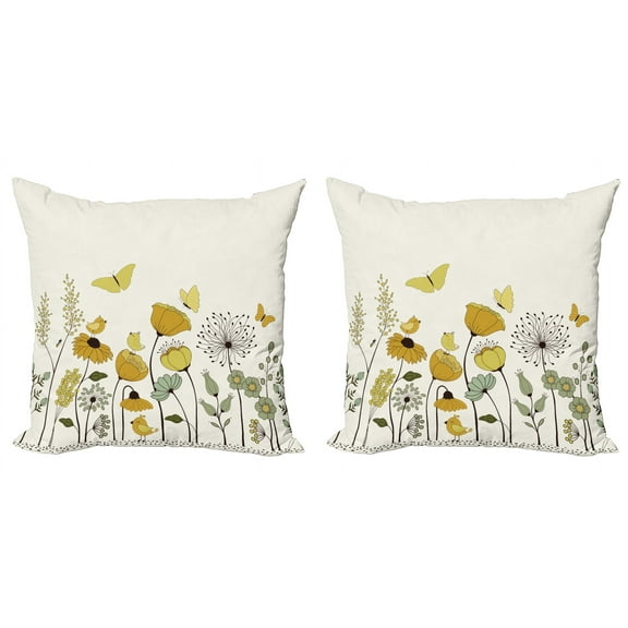 Ambesonne Spring Throw Pillow Cover 2 Pack, Dot Winged Butterflies, 18", Earth Yellow Pale Green
