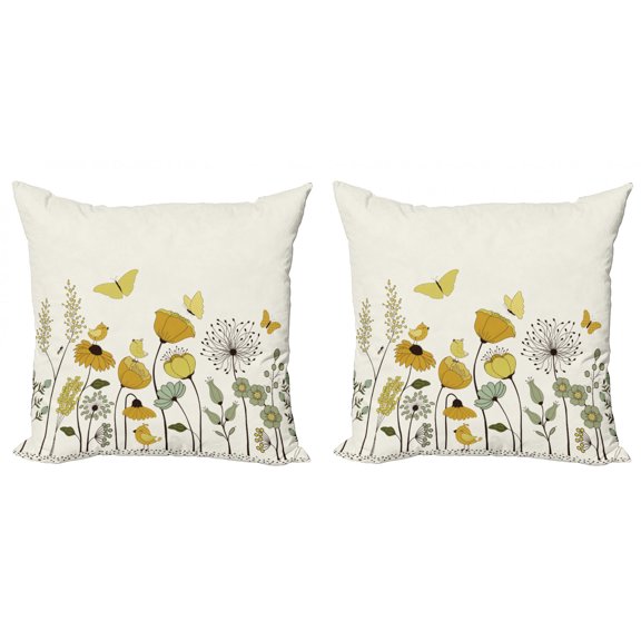 Ambesonne Spring Throw Pillow Cover 2 Pack, Dot Winged Butterflies, 20", Earth Yellow Pale Green