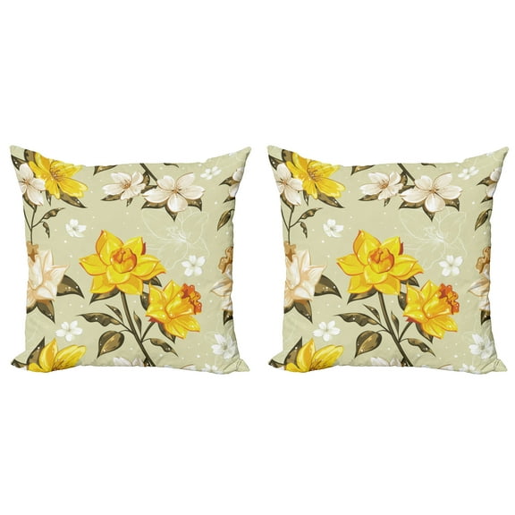 Ambesonne Spring Throw Pillow Cover 2 Pack, Floral Narcissus Branch, 18", Yellow Khaki Cream