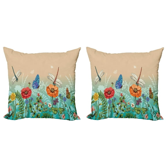 Ambesonne Spring Throw Pillow Cover 2 Pack, Flourishing Nature Bugs, 20", Multicolor