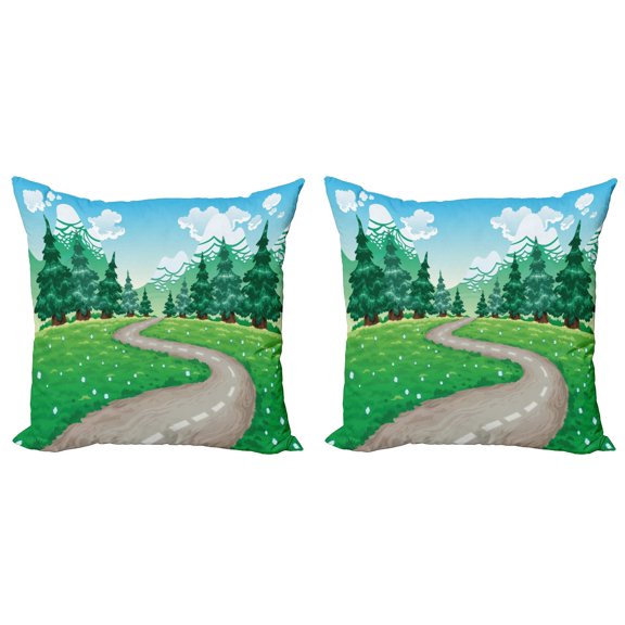Ambesonne Spring Throw Pillow Cover 2 Pack, Pathway Among Pine Trees, 16", Hunter Green Pale Blue