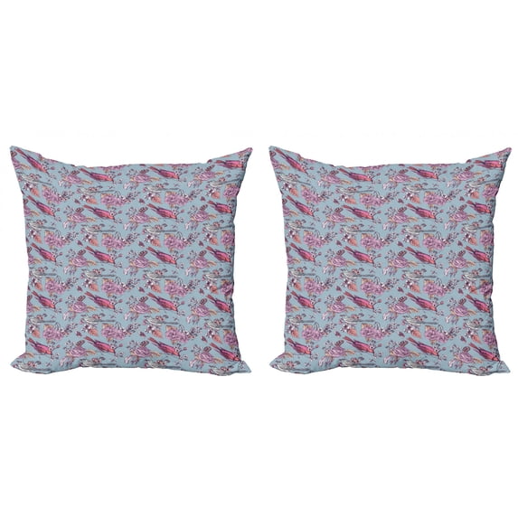 Ambesonne Spring Throw Pillow Cover 2 Pack, Perching Birds and Flowers, 24", Multicolor