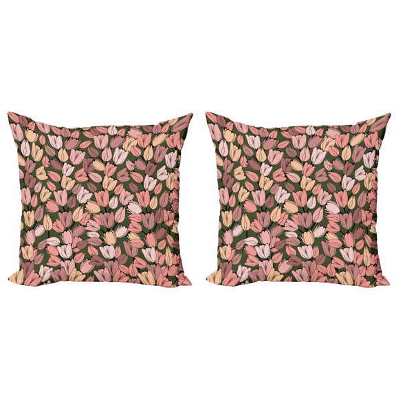 Ambesonne Spring Throw Pillow Cover 2 Pack, Retro Tulips Flowers, 24", Cocoa Coral Cream