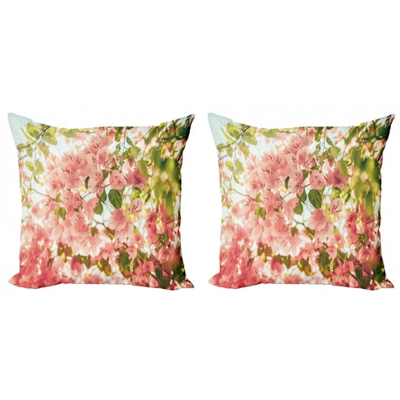 Ambesonne Spring Throw Pillow Cover 2 Pack, Sunny Summer Blossoms, 16", Pale Pink Olive Green