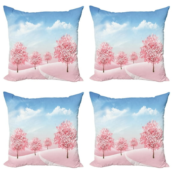 Ambesonne Spring Throw Pillow Cover 4 Pack, Blooming Sakura Trees Scene, 18", Sky Blue Pastel Pink