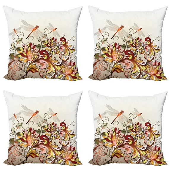 Ambesonne Spring Throw Pillow Cover 4 Pack, Flower Field Dragonfly, 24", Multicolor