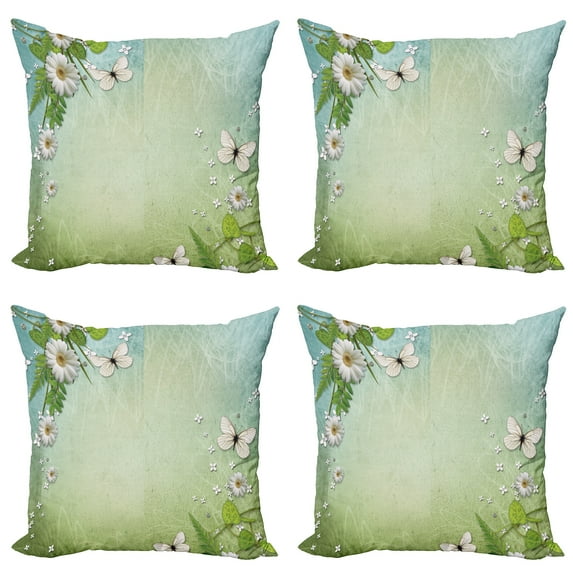 Ambesonne Spring Throw Pillow Cover 4 Pack, Flowers Butterflies Pattern, 18", Lime Green Pale Blue