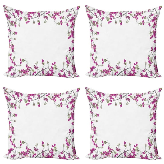 Ambesonne Spring Throw Pillow Cover 4 Pack, Fuchsia Tones Branches Look, 20", Taupe Grey Magenta White