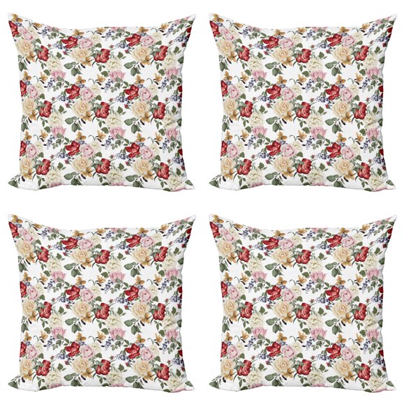 Ambesonne Spring Throw Pillow Cover 4 Pack, Lilacs Roses Flowers, 16", Pale Pink Cream