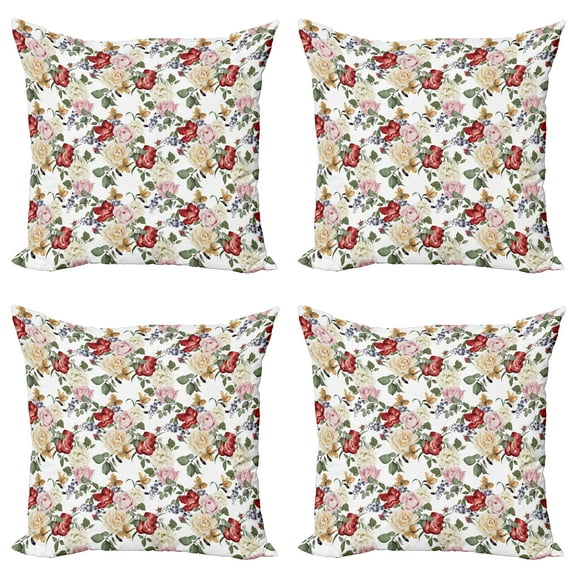 Ambesonne Spring Throw Pillow Cover 4 Pack, Lilacs Roses Flowers, 20", Pale Pink Cream