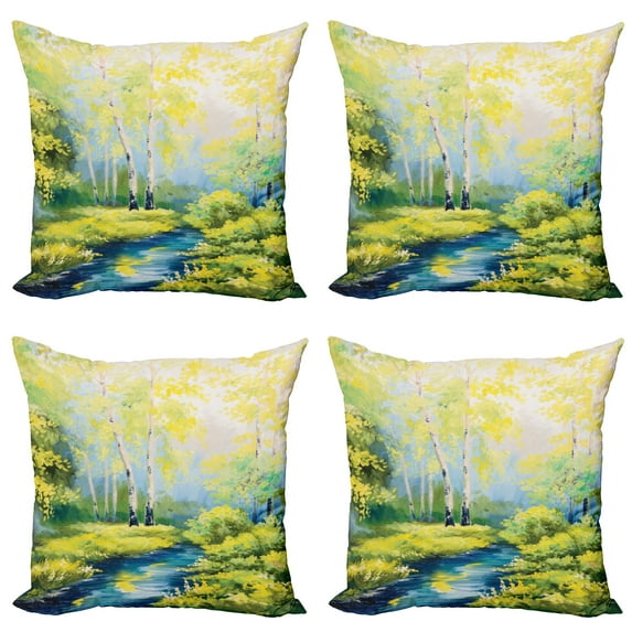 Ambesonne Spring Throw Pillow Cover 4 Pack, Pastoral Forest Woods, 24", Green Blue