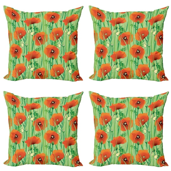 Ambesonne Spring Throw Pillow Cover 4 Pack, Poppy Flowers Field, 20", Fern Green Scarlet