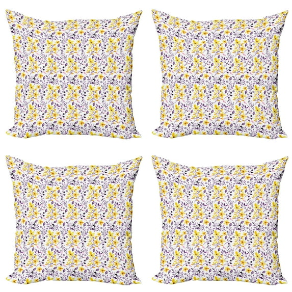 Ambesonne Spring Throw Pillow Cover 4 Pack, Rural Flowers and Leaves, 20", Yellow Purple White