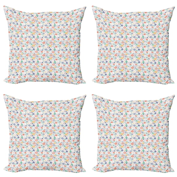 Ambesonne Spring Throw Pillow Cover 4 Pack, Scandinavian Meadow Flowers, 18", White and Multicolor