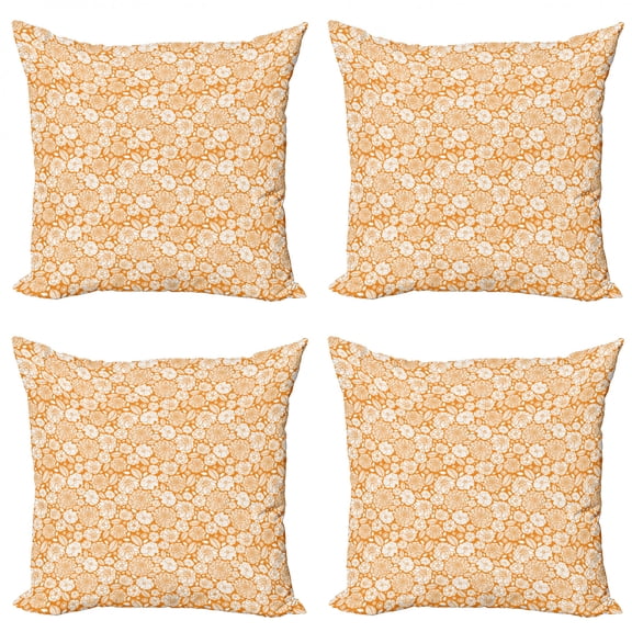 Ambesonne Spring Throw Pillow Cover 4 Pack, Summer Garden Floral, 18", Marigold and White