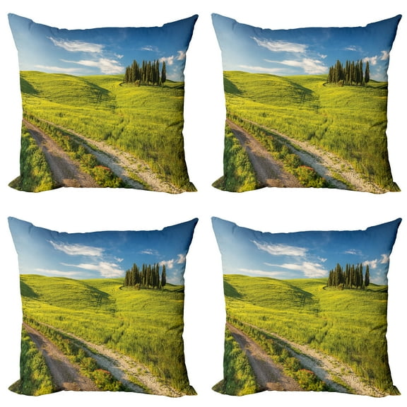 Ambesonne Spring Throw Pillow Cover 4 Pack, Tuscany Wildflowers View, 18", Sky Blue Fern Green