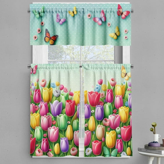 Ambesonne Spring Valance & Curtain 3 Pcs Set, Colorful Tulip Garden Dots, 55"x24", Mint Green and Multicolor