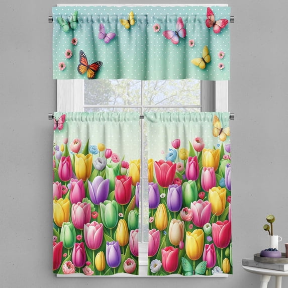 Ambesonne Spring Valance & Curtain 3 Pcs Set, Colorful Tulip Garden Dots, 55"x36", Mint Green and Multicolor