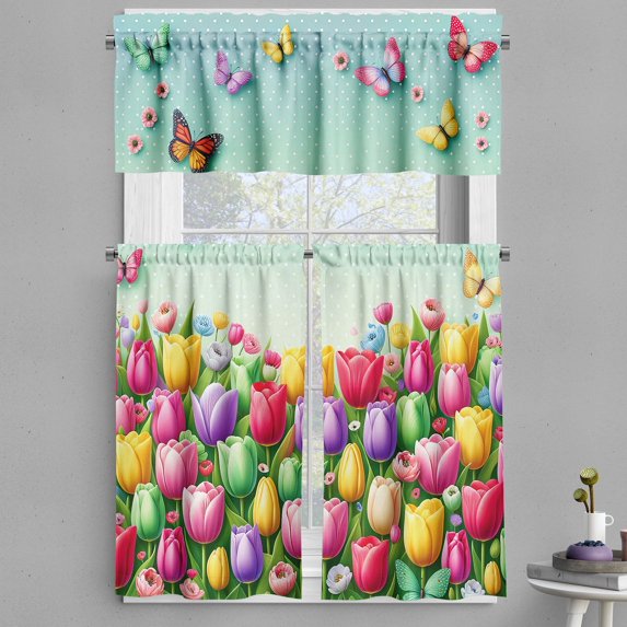 Ambesonne Spring Valance & Curtain 3 Pcs Set, Colorful Tulip Garden Dots, 55"x45", Mint Green and Multicolor