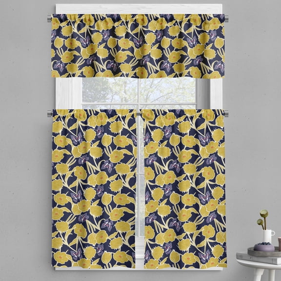 Ambesonne Spring Valance & Curtain, Botanic Floral Butterflies, 55"x30", Yellow Dark Indigo