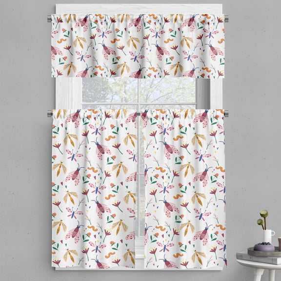 Ambesonne Spring Valance & Curtain, Flowers Hearts Dragonflies, 55"x24", Dried Rose Jade Green