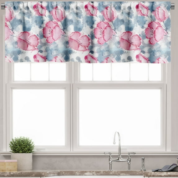 Ambesonne Spring Valance Pack of 2, Floral Style Watercolor Art, 54"X18", Blue Grey and Pink