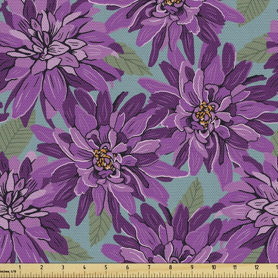 Ambesonne Spring Vintage Fabric by the Yard Upholstery, Dahlias Botanical, 2 Yards, Purple Olive Green