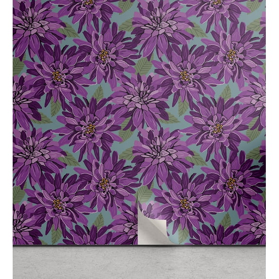 Ambesonne Spring Vintage Peel & Stick Wallpaper for Home, Dahlias Botanical, 13"x36", Purple Olive Green