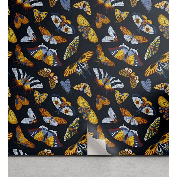 Ambesonne Spring Vintage Peel & Stick Wallpaper for Home, Moths Flower Plot, 13"x36", Earth Yellow and Indigo