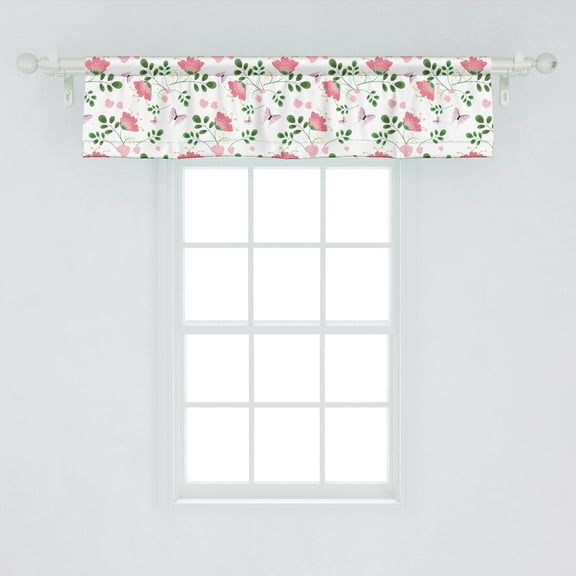 Ambesonne Spring Window Valance, Happy Springtime Doodle with Flowers with Leaves and Flying Butterfly, Curtain Valance for Kitchen Bedroom Decor with Rod Pocket, 54" X 12", Multicolor