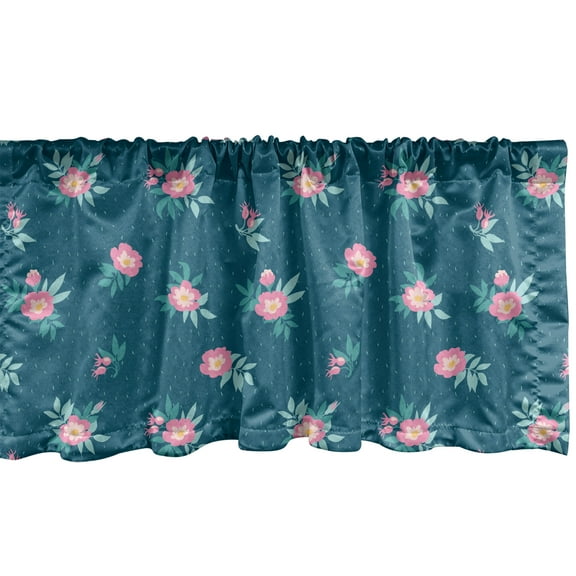 Ambesonne Spring Window Valance, Illustration of Flowers and Leaves Romantic Scattered Floral Budding Scene, Curtain Valance for Kitchen Bedroom Decor with Rod Pocket, 54" X 18", Petrol Blue and Pink