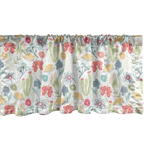 Ambesonne Spring Window Valance, Pastel Toned Doodle with Foliage and Flora Flowers Cacti Leaves, Curtain Valance for Kitchen Bedroom Decor with Rod Pocket, 54" X 12", Multicolor