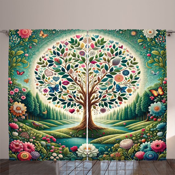 Ambesonne Springtime Curtains 2 Panel Set, Circular Tree Flourish, 108" x 84", Green Blue and Pink