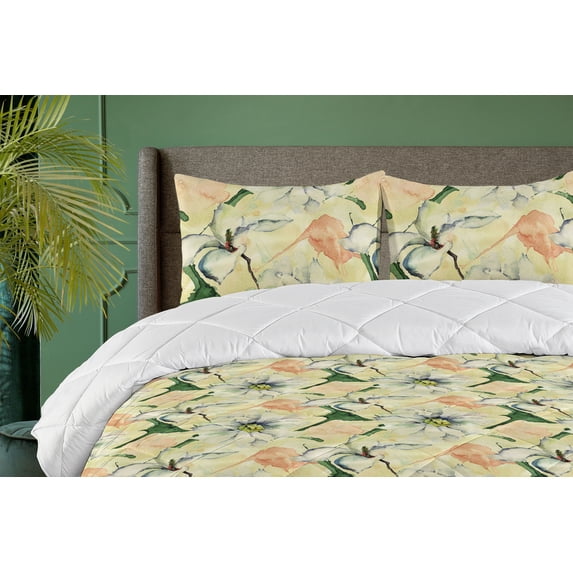 Ambesonne Springtime Down Alternative Quilt Comforter, Watercolor Wild Flowers, Queen, Grey Yellow Hunter Green