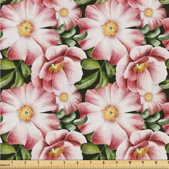 Ambesonne Springtime Fabric by the Yard Upholstery, Garden Flowers Romantic, 5 Yards, Pistachio Green Blush