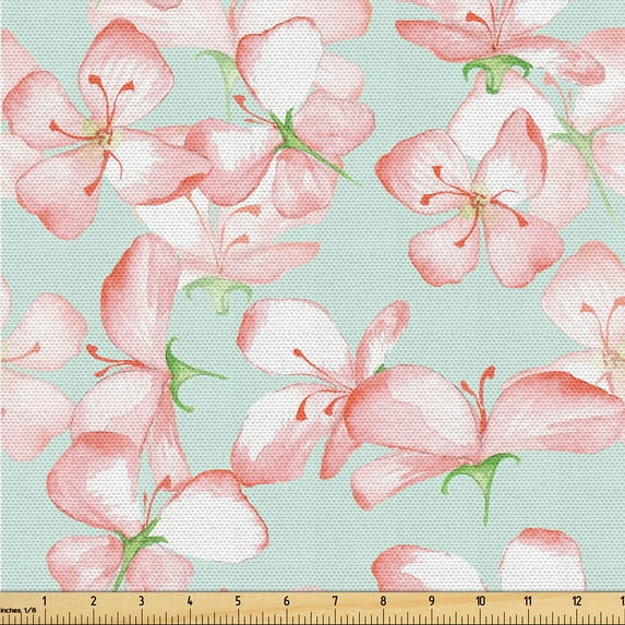 Ambesonne Springtime Fabric by the Yard Upholstery, Delicate Apple Blossoms, 10 Yards, Salmon Rose and Mint Green