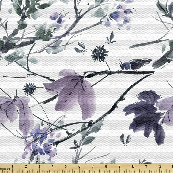 Ambesonne Springtime Fabric by the Yard Upholstery, Romantic Flower Petals, 2 Yards, Laurel Green Mauve