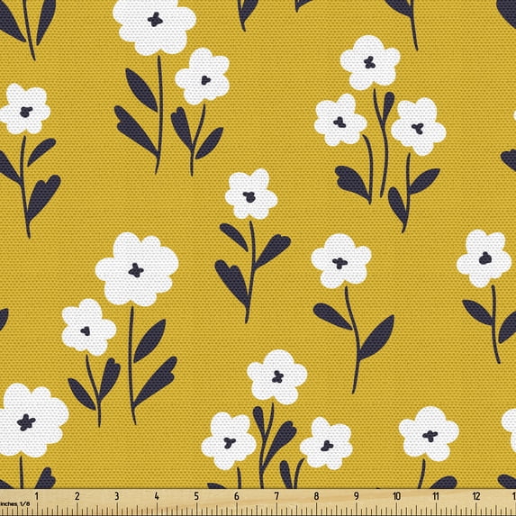 Ambesonne Springtime Fabric by the Yard Upholstery, Simple Flowers Pattern, 10 Yards, Earth Yellow Dark Grey