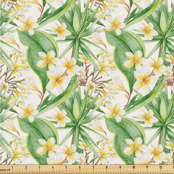 Ambesonne Springtime Fabric by the Yard Upholstery, Vintage Floral Yucca Art, 1 Yard, Fern Green Mustard White