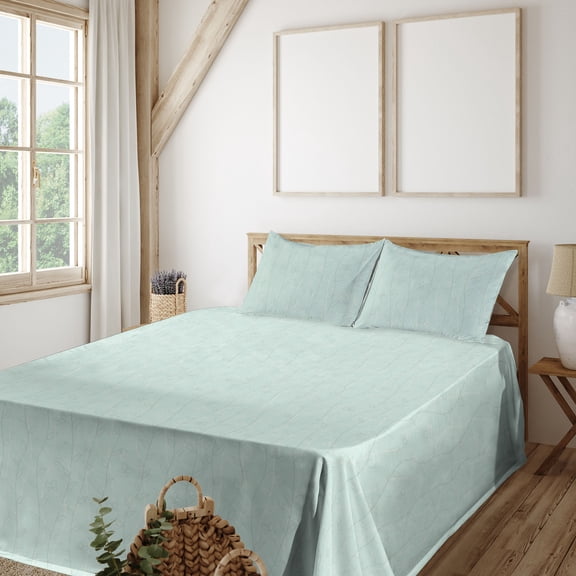 Ambesonne Springtime Fitted & Flat Sheet with Sham 3 Pcs Set, Romance Leaves Bohemian, Twin, Mint Green and White