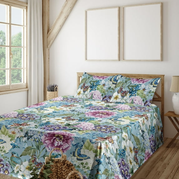 Ambesonne Springtime Fitted & Flat Sheet with Sham 3 Pcs Set, Romantic Floral Vintage, Twin XL, Cadet Blue Multicolor