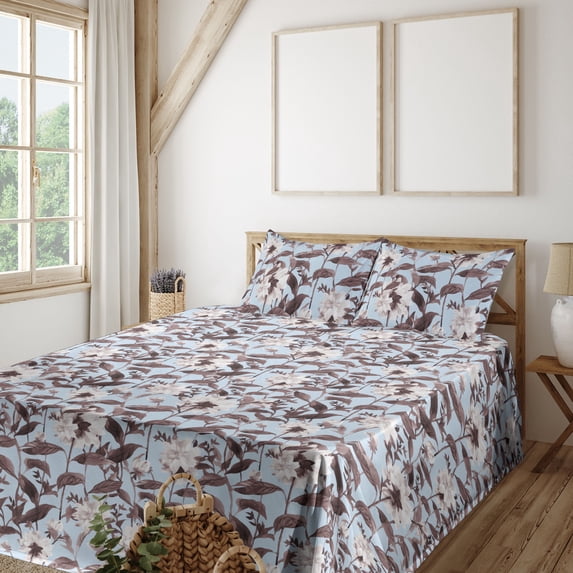 Ambesonne Springtime Fitted & Flat Sheet with Shams 4 Pcs Set, Asters Buds Pattern Boho, King, Pale Sky Blue Eggshell